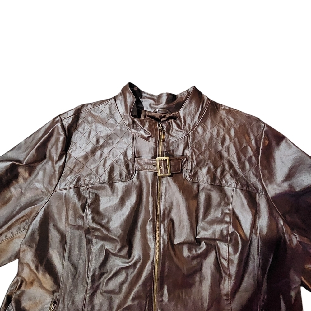 Jessica London Leather Jacket 26W Brown Plus Size 3X Quilted Moto - Picture 3 of 12